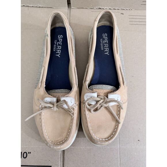 Sperry Leather Womens Boat Shoe Moccasin Size 7 Khaki Tan Slide On Comfort Shoe - Picture 6 of 7